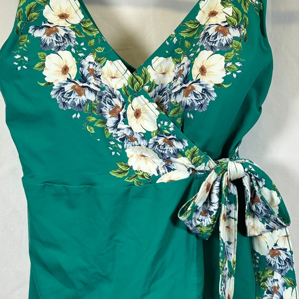 Land's End Women's Petite 4 Side Tie Mini Green Floral Swim Dress Swimsuit 1-pc - Picture 2 of 10